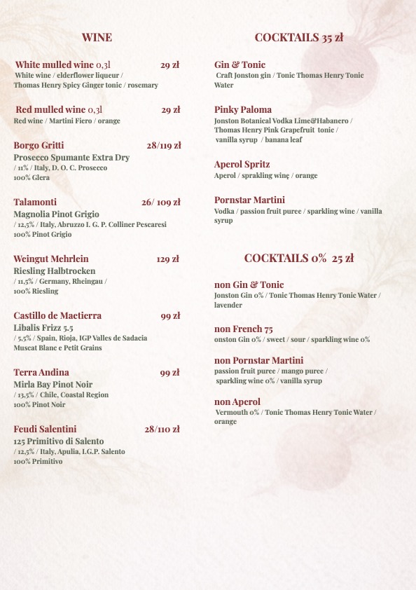 menu | wine, cocktails, full of flavor, full of experiences, full of nature