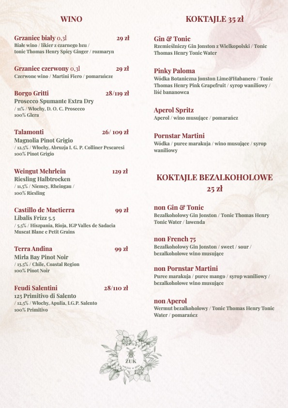 menu | wino, koktajle